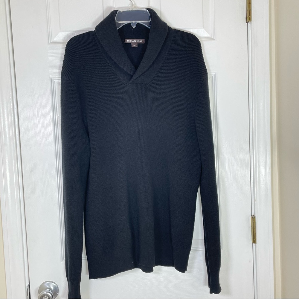 Michael Kors Black Rib Knit Sweater Pullover Shawl Collar Minimalist Men’s Large